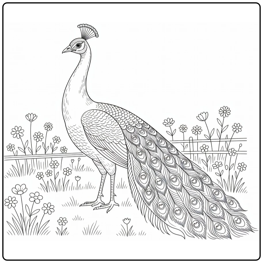 Peacock coloring page showing a peacock in the garden