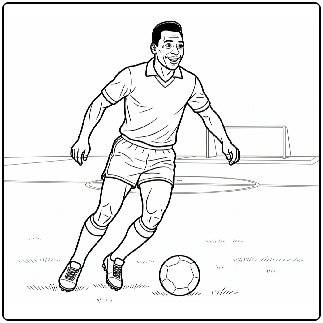 Pele coloring page showing the legend in a dribbling pose