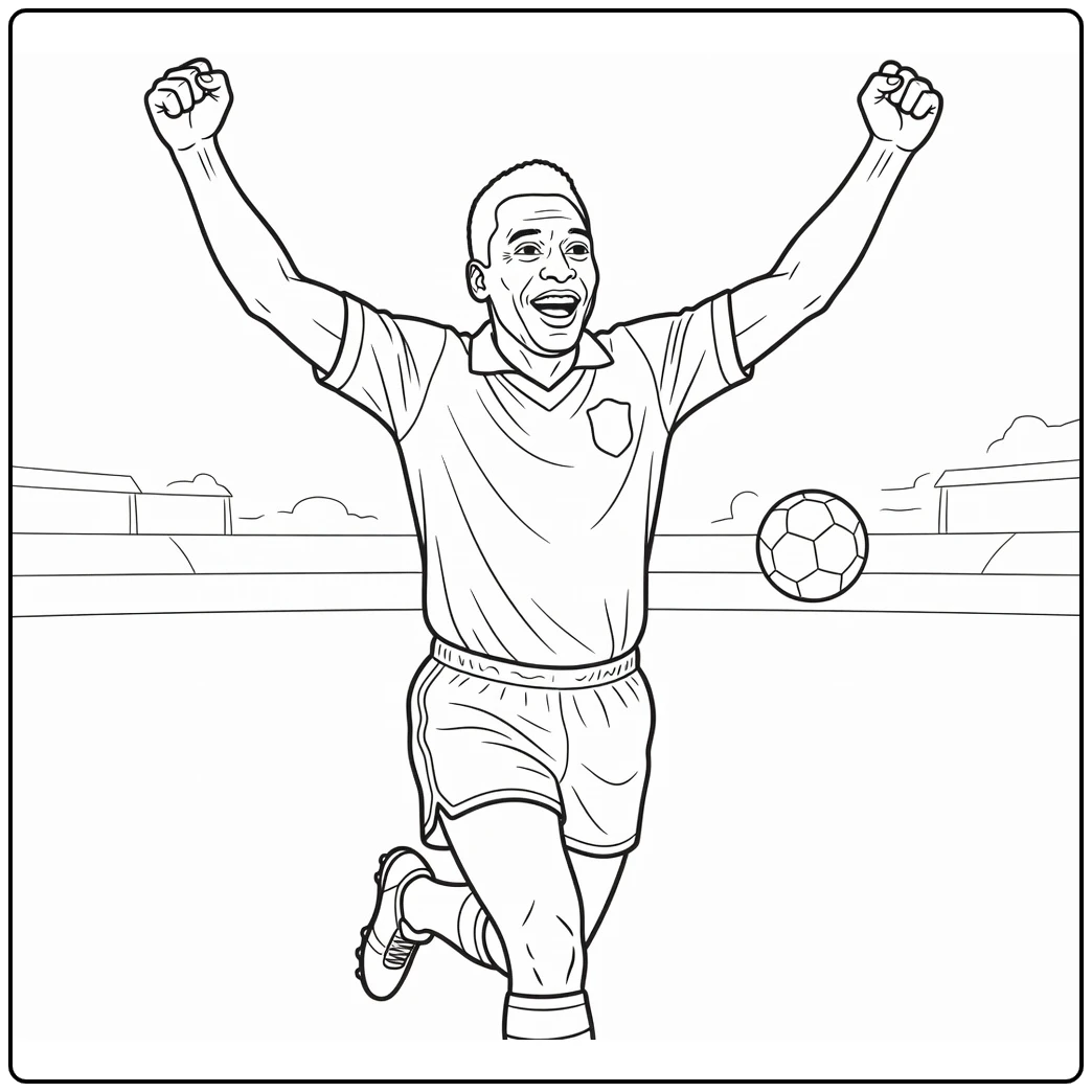 Pele coloring page featuring a happy goal celebration