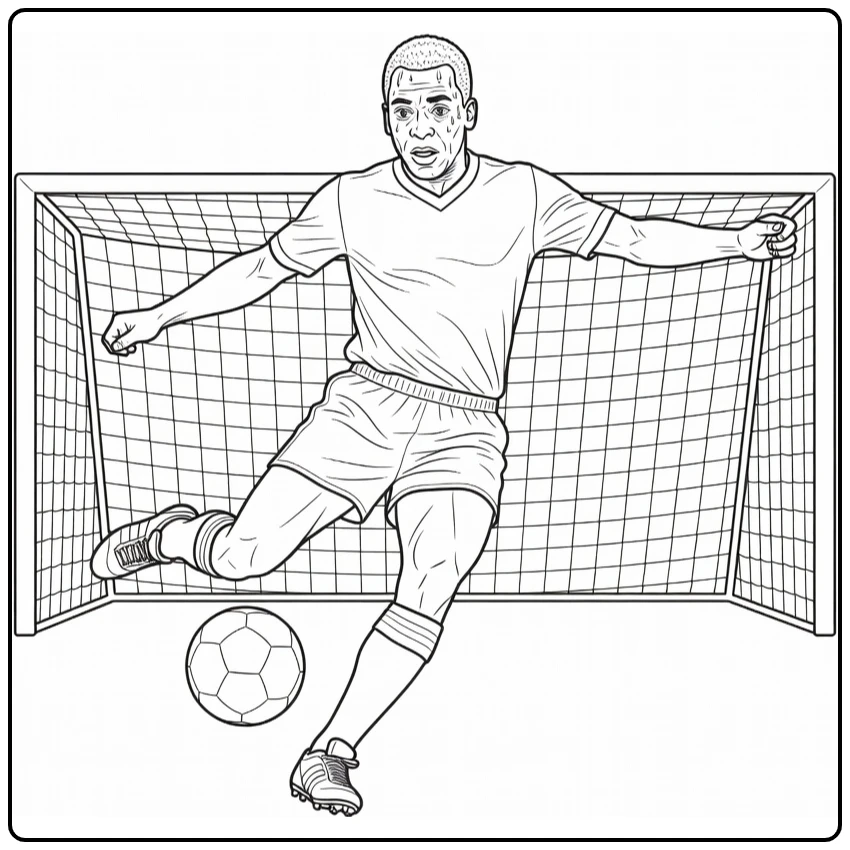 Action coloring page of Pelé taking a powerful shot on goal