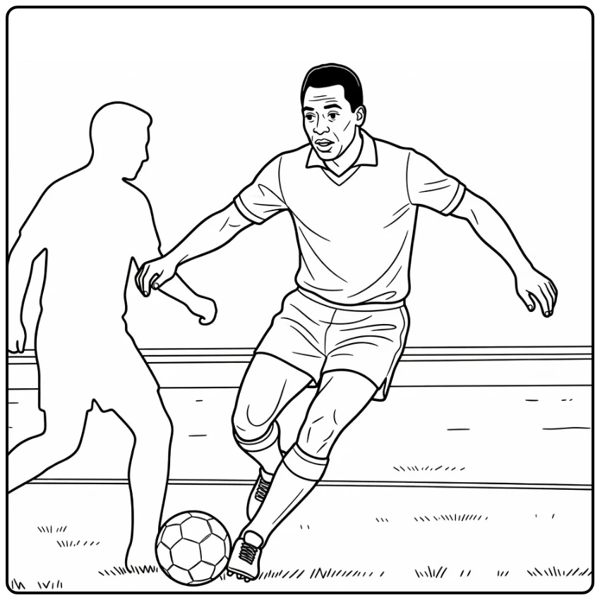 Dribbling coloring page of Pelé using a feint against a defender