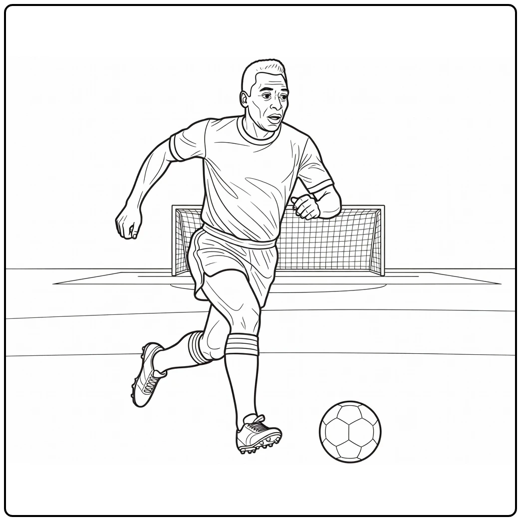 Pelé coloring page showing an elegant sprint toward the goal