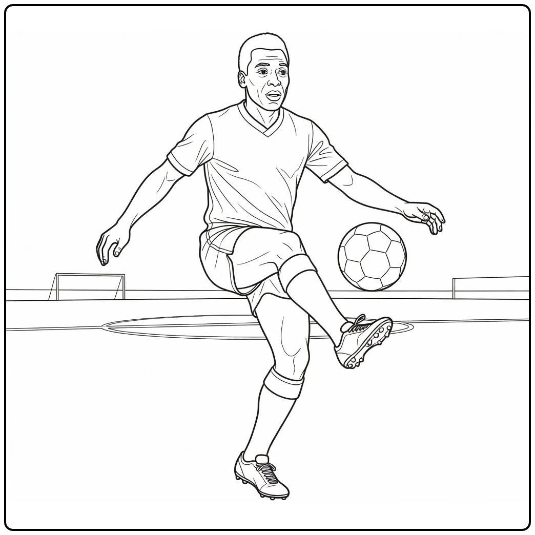 Skill coloring page of Pelé juggling a soccer ball on the field
