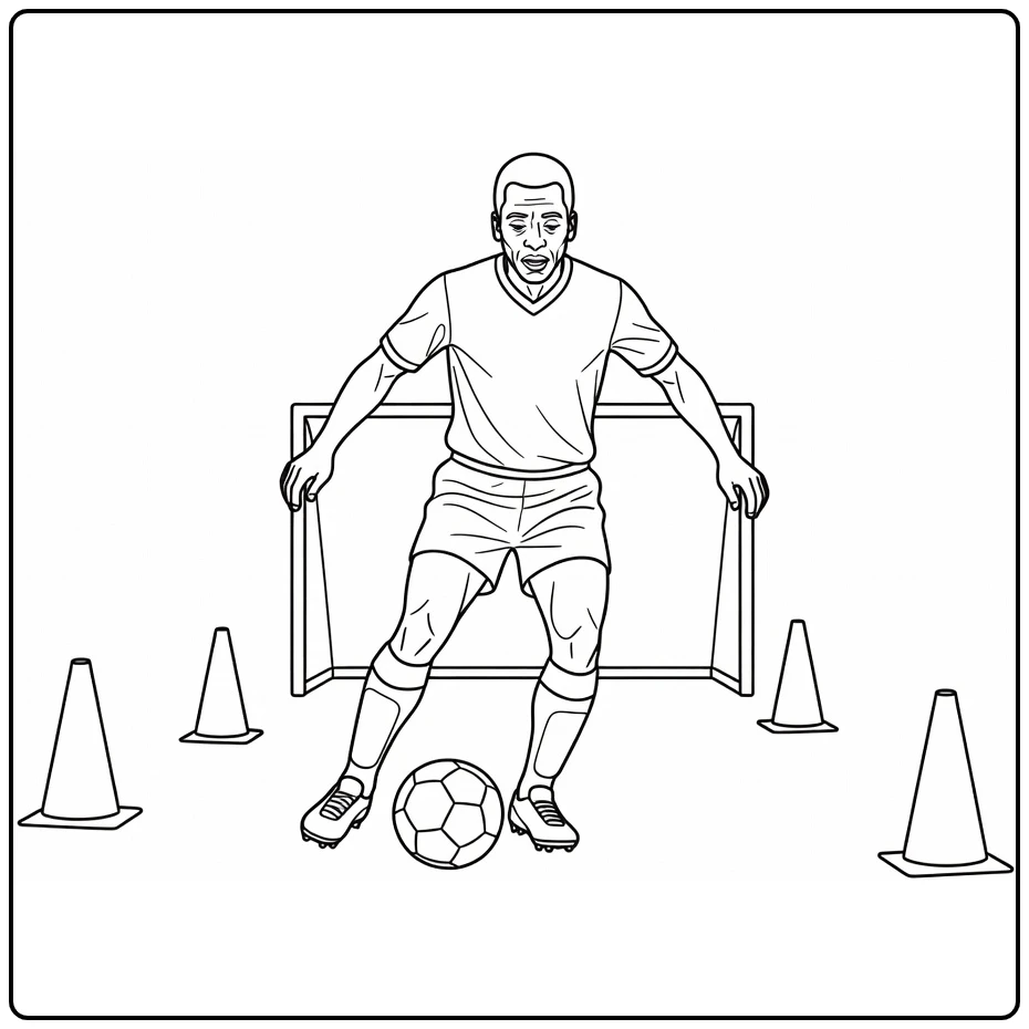Training coloring page of Pelé guiding the ball between cones