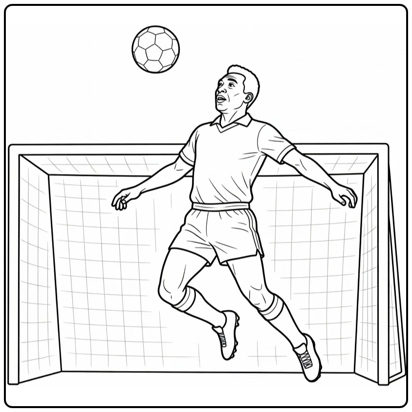 Pelé coloring page as he leaps to head the ball near goal