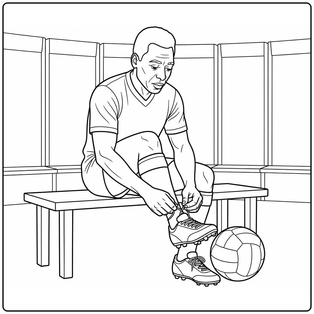 Locker room coloring page of Pelé tying his soccer cleats