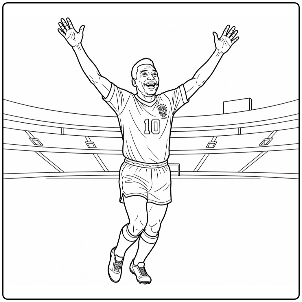 Pelé coloring page featuring a joyful two-arm goal celebration