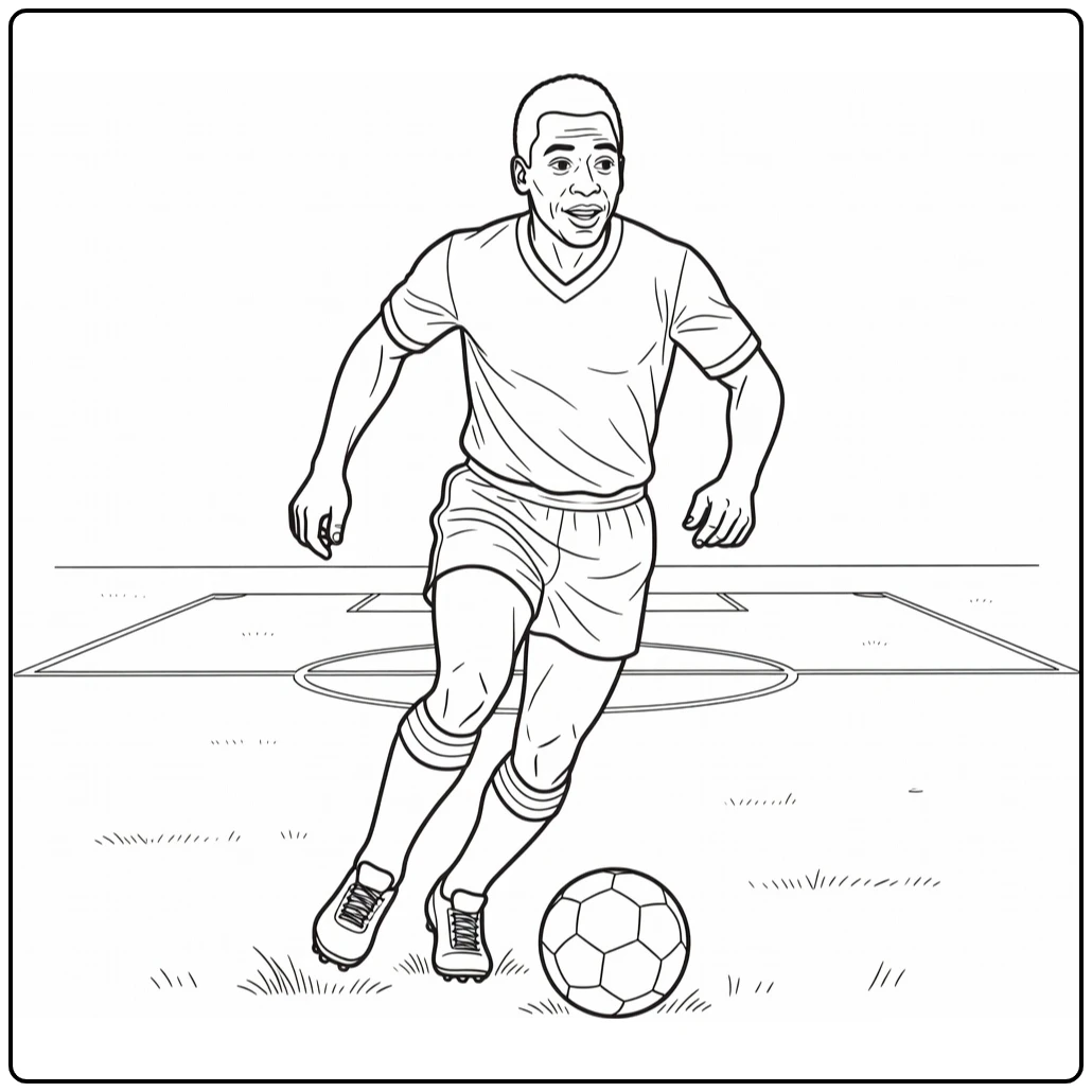 Pelé coloring page showing the soccer legend dribbling the ball