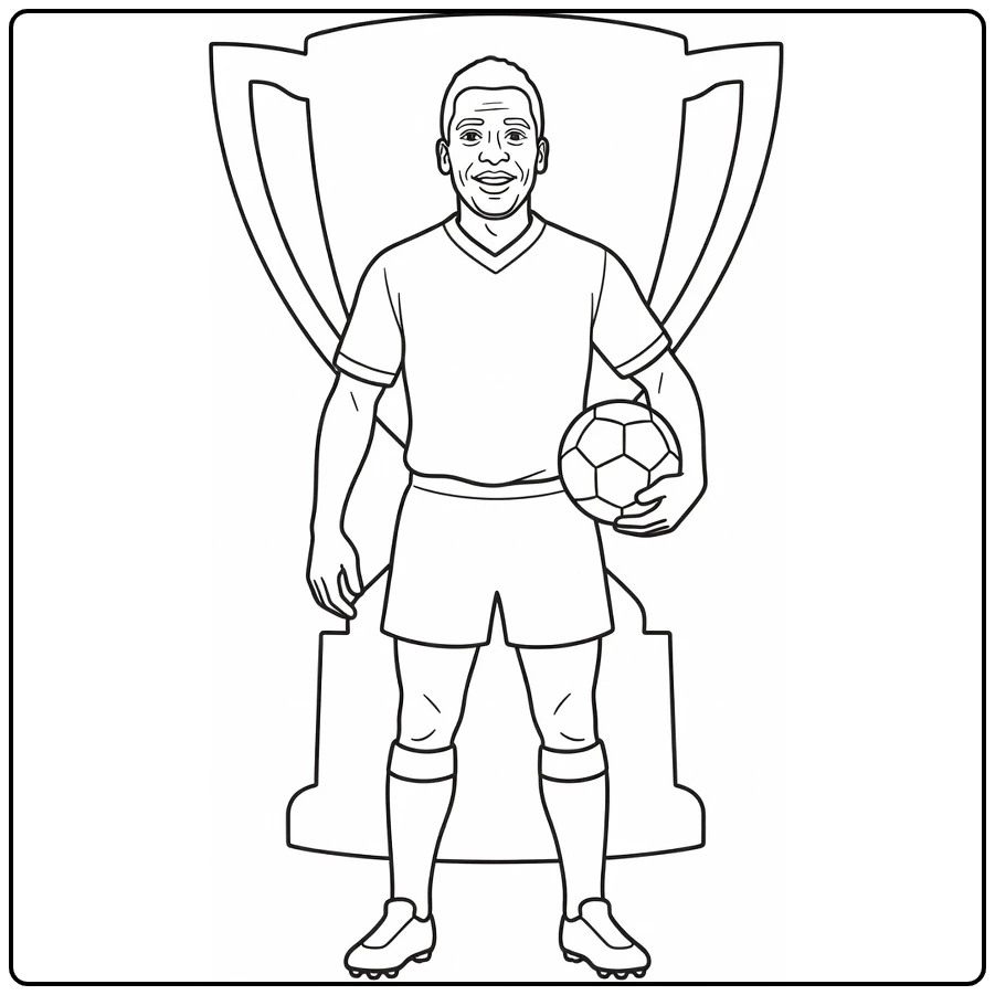 Pelé coloring page posing with a ball before a championship trophy