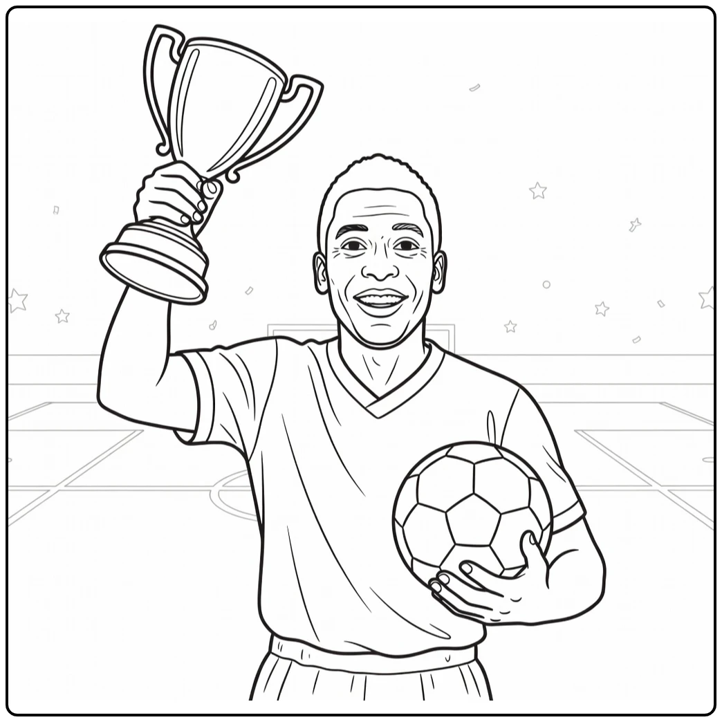 Victory coloring page of Pelé holding a trophy and soccer ball