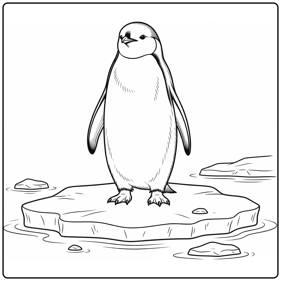 Penguin coloring page featuring a penguin on ice
