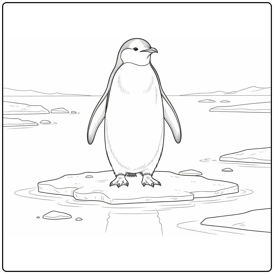 Polar animal coloring page showing a penguin on an icy shore