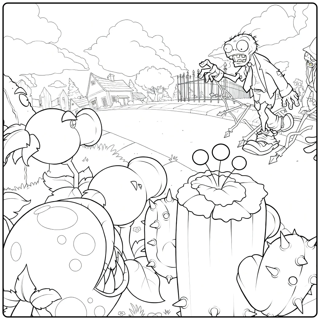Plants Vs Zombies coloring page with plants and zombies battle