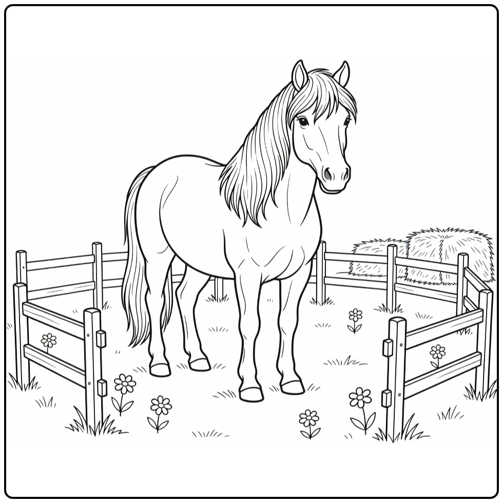 Pony coloring page showing a pony in a farm pasture