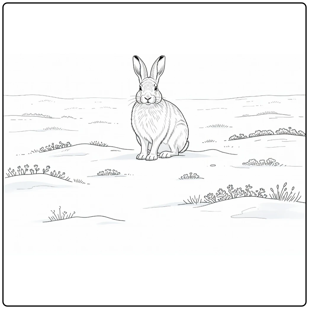 Polar animal coloring page showing an arctic hare in the snow