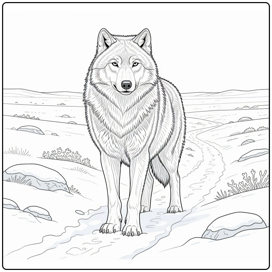 Polar animal coloring page featuring an arctic wolf on the tundra