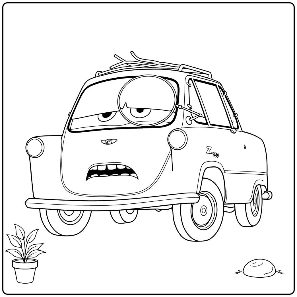 Professor Zündapp coloring page car with monocle and plant