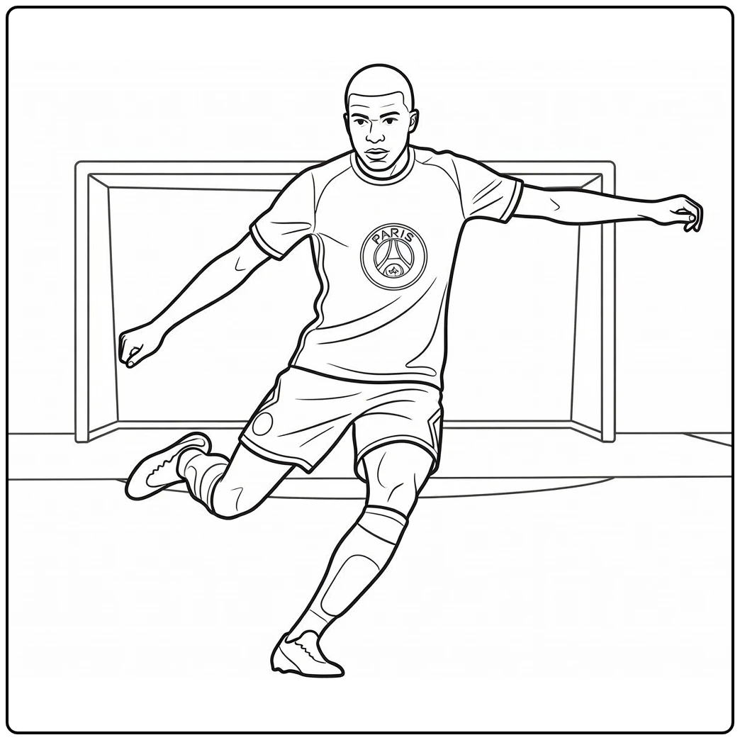 PSG Kylian Mbappe coloring page featuring a shooting pose