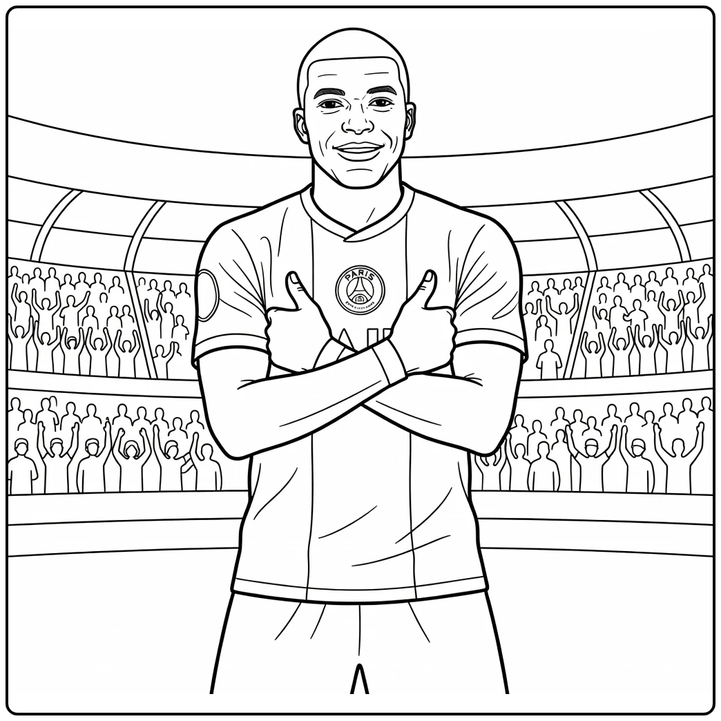 PSG Kylian Mbappe coloring page showing a crossed-arms celebration