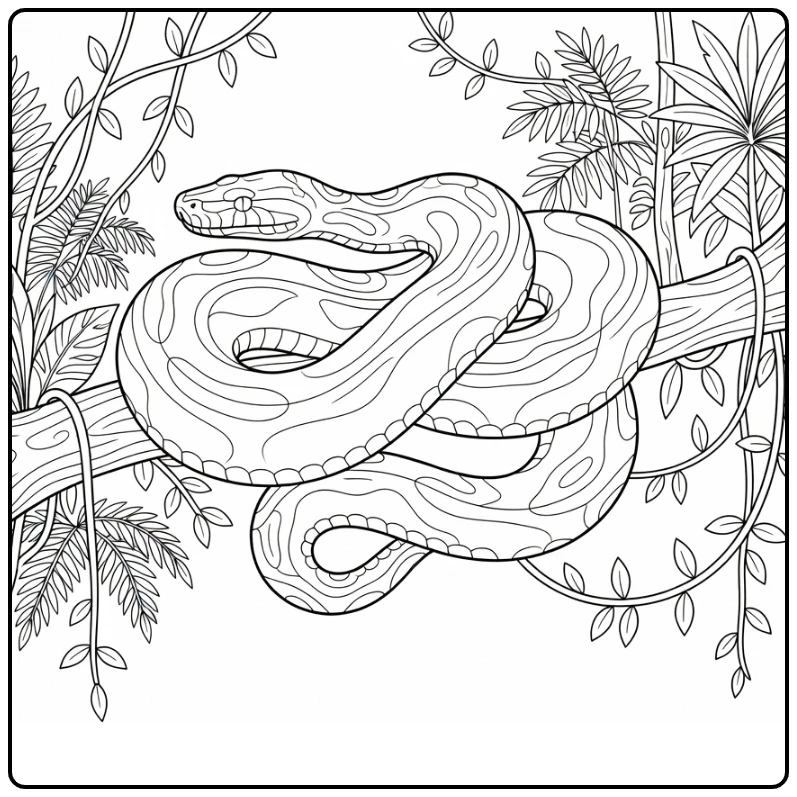 Python coloring page featuring a snake on a jungle branch