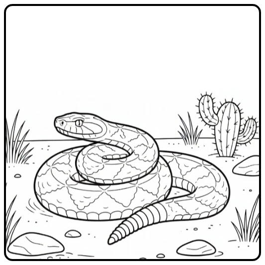 Rattlesnake coloring page showing a snake beside a cactus