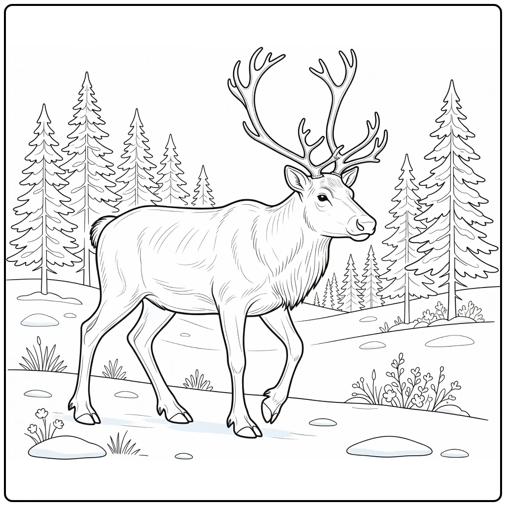 Polar animal coloring page featuring a reindeer in the snow