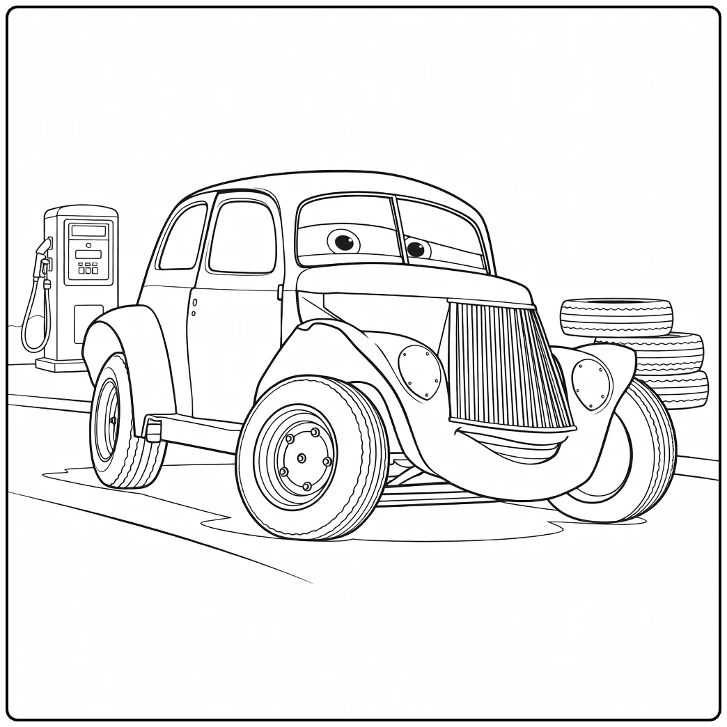 River Scott coloring page of old auto with benzinepomp