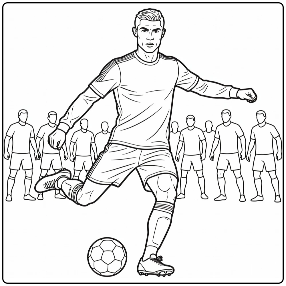 Cristiano Ronaldo coloring page featuring a powerful free kick