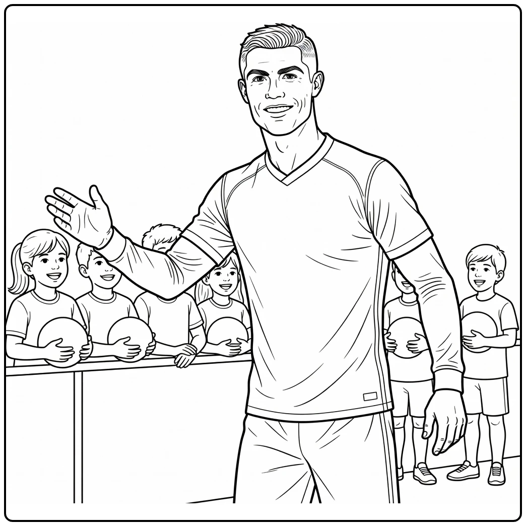 Cristiano Ronaldo coloring page featuring him greeting young fans