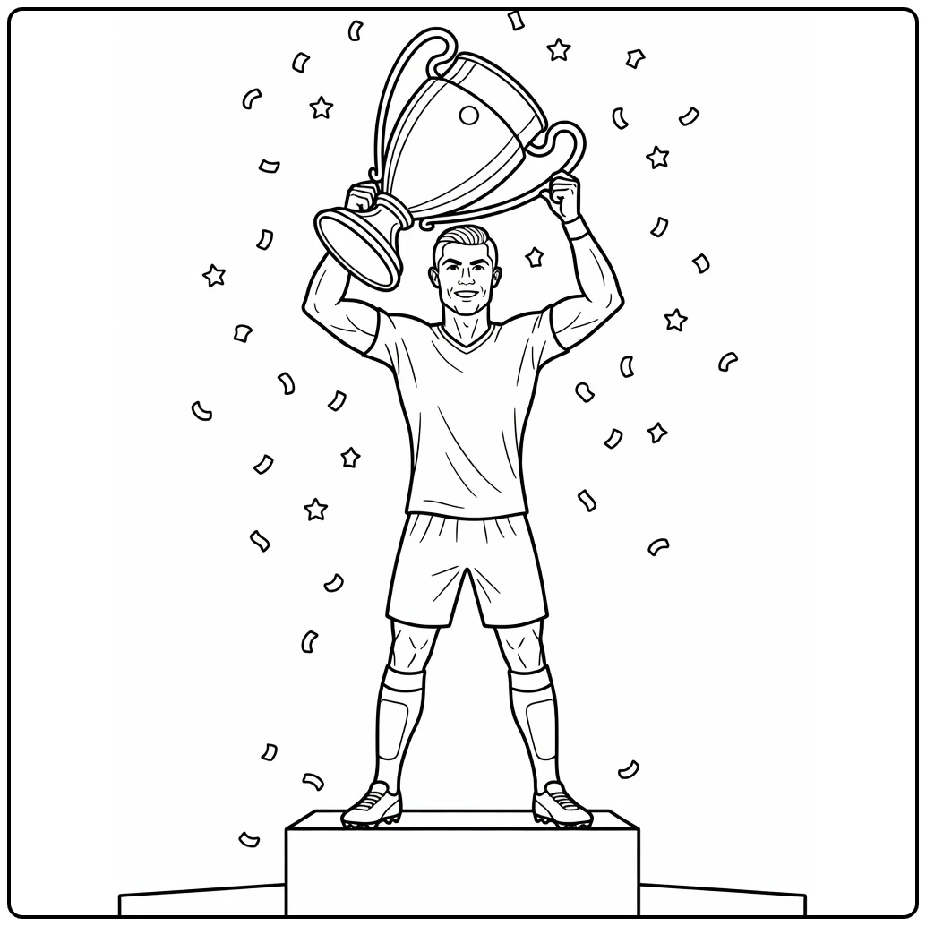 Cristiano Ronaldo coloring page featuring a trophy celebration