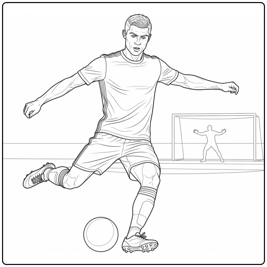 Cristiano Ronaldo coloring page showing a shot on goal