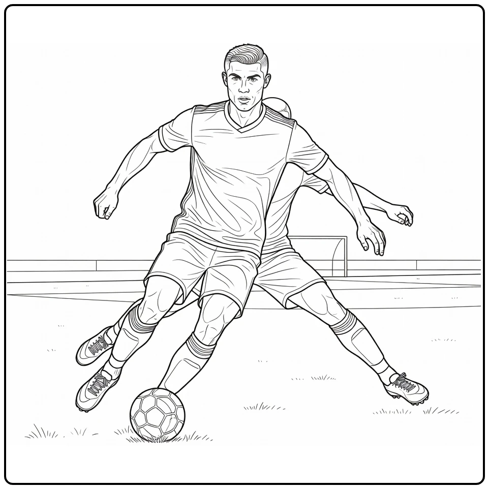 Cristiano Ronaldo coloring page showing a quick dribble