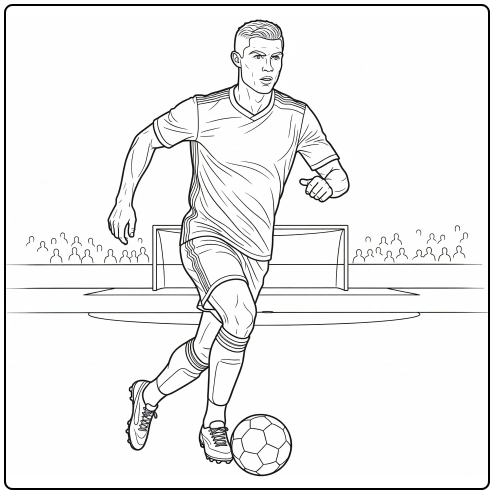 Ronaldo coloring page featuring Cristiano sprinting across the field