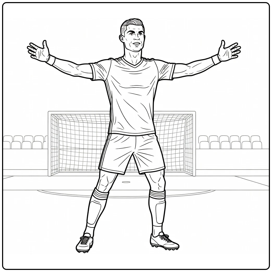 Ronaldo coloring page showing Cristiano celebrating a goal