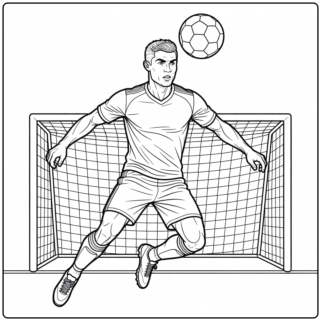 Cristiano Ronaldo coloring page showing a header near goal