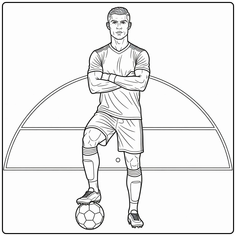 Cristiano Ronaldo coloring page showing a confident pose with the ball