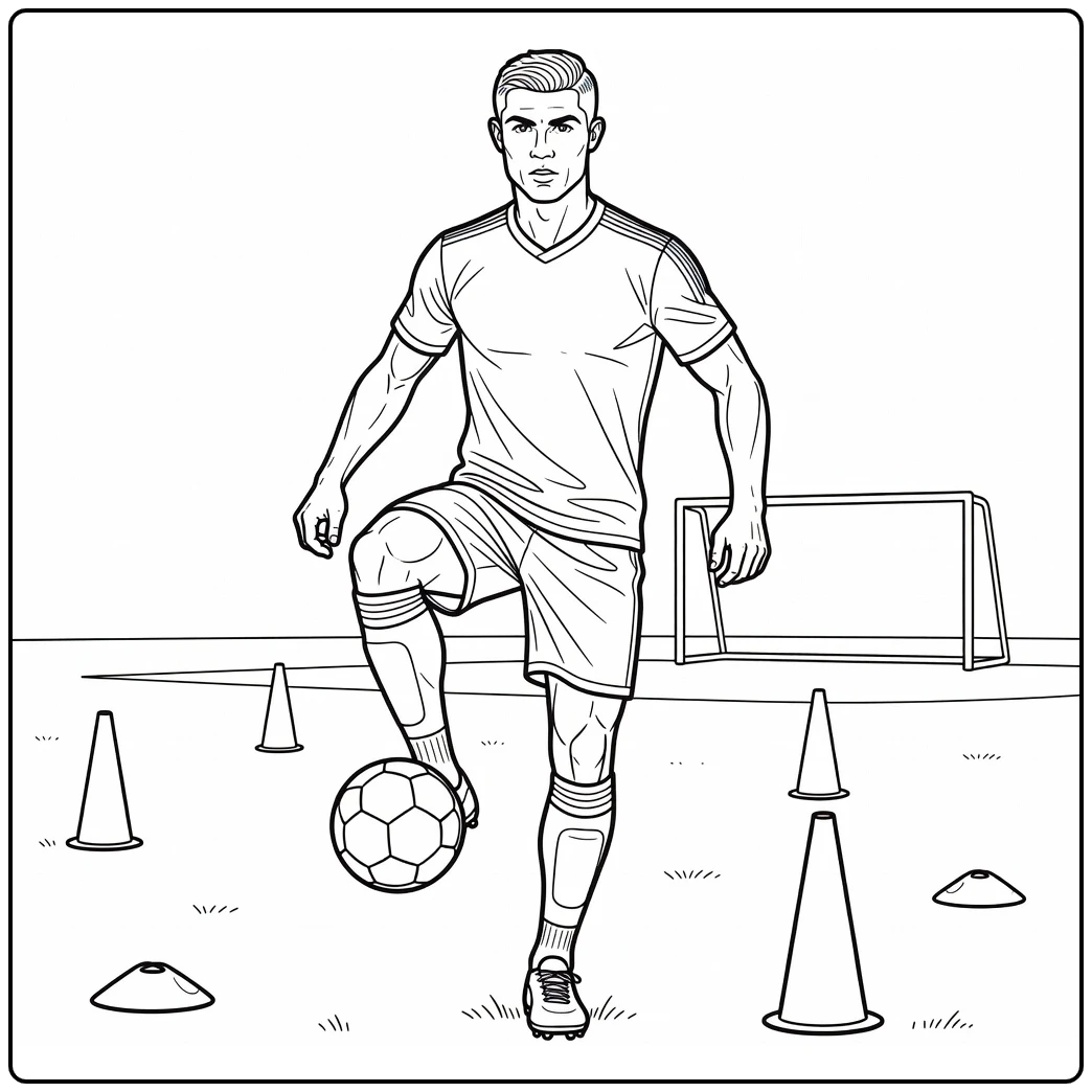 Cristiano Ronaldo coloring page featuring a training drill