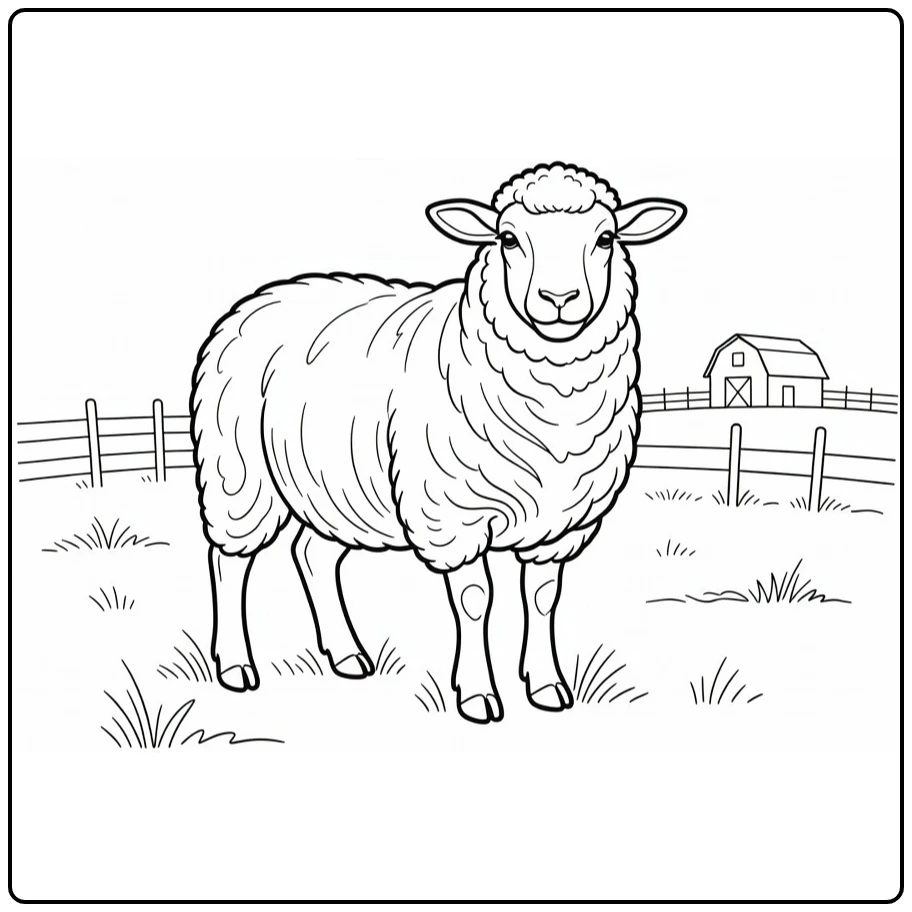 Sheep coloring page featuring a farm sheep in a meadow
