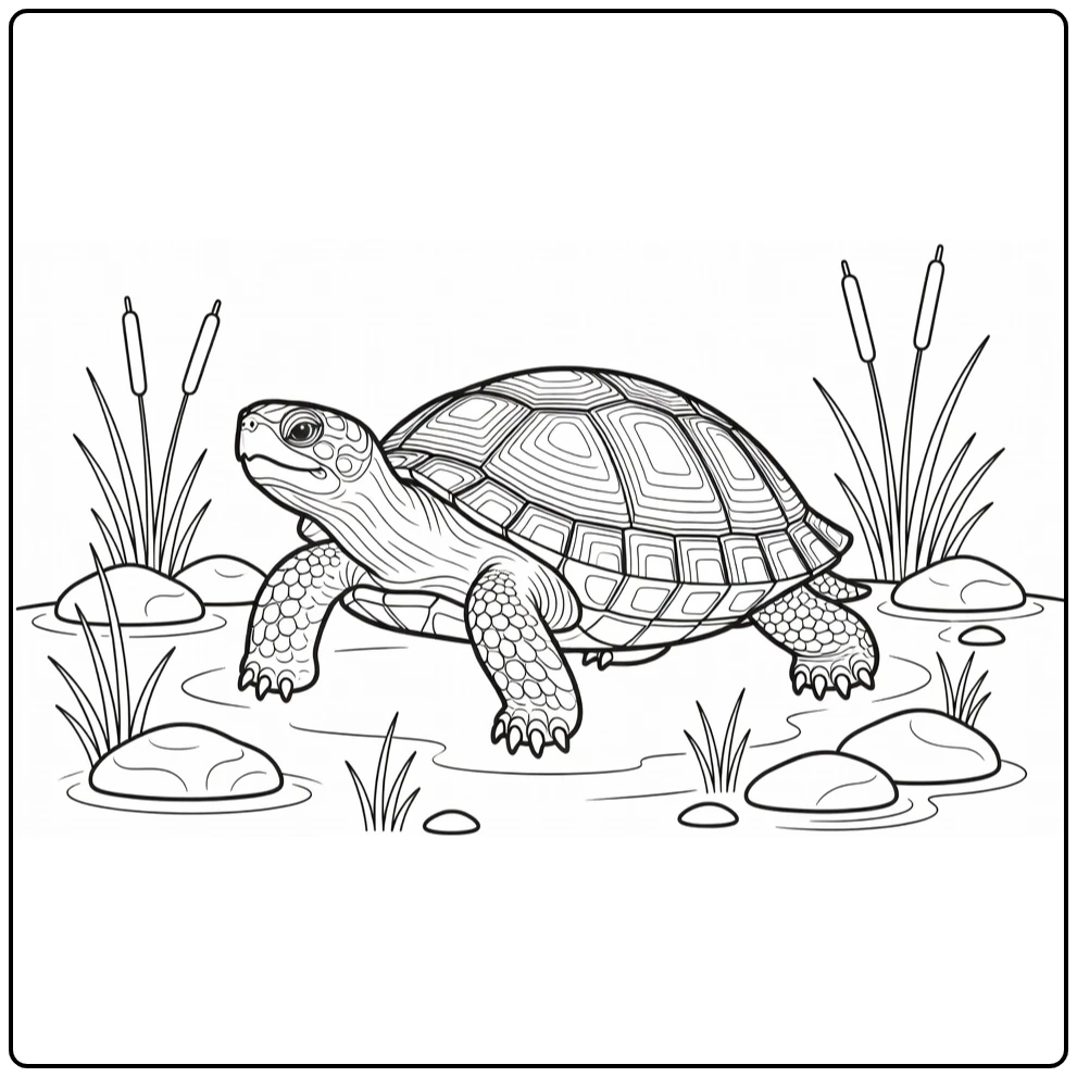 Turtle coloring page featuring a turtle by a pond