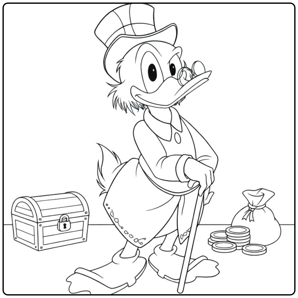 Scrooge McDuck coloring page with treasure chest and coins