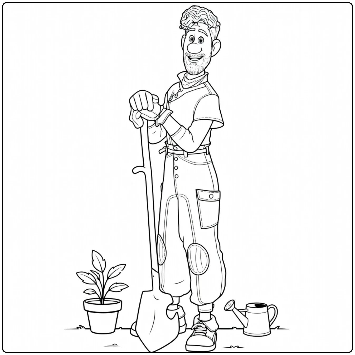 Searcher Clade coloring page featuring the gardener with a shovel