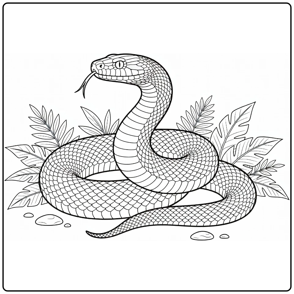 Snake coloring page showing a cobra in the jungle