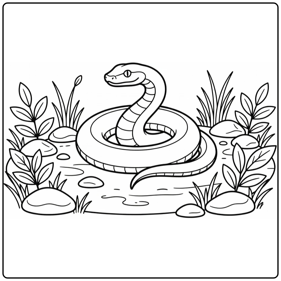 Snake coloring page featuring a coiled reptile near water