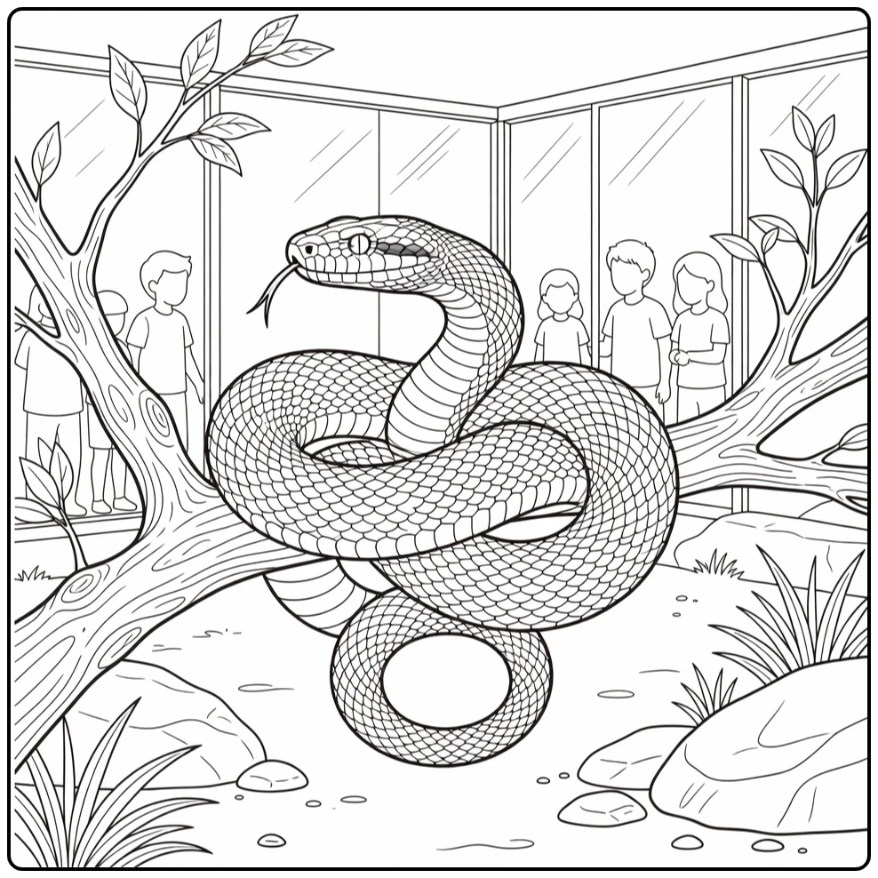 Zoo coloring page showing a snake on a branch in the reptile house