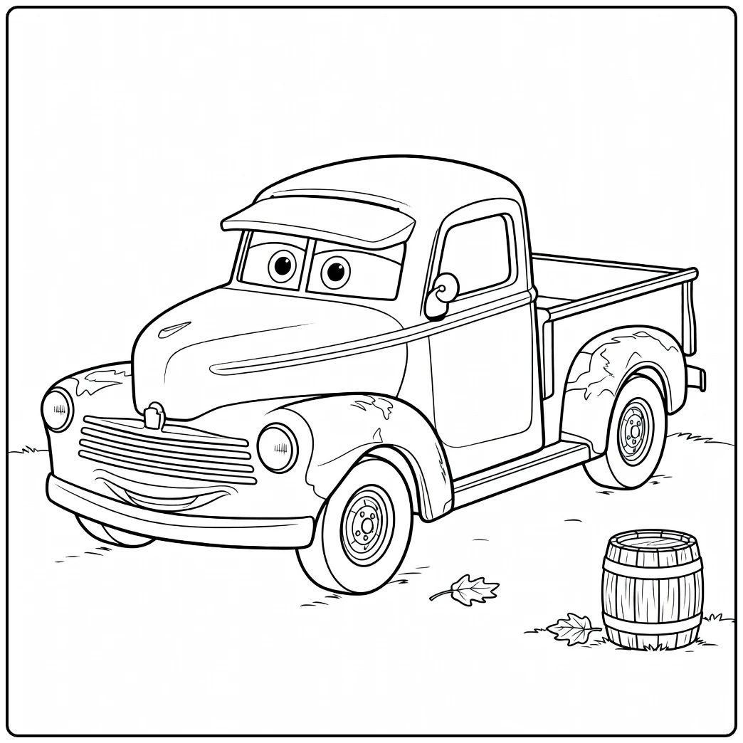 Smokey coloring page of een old pickup truck with grote ogen