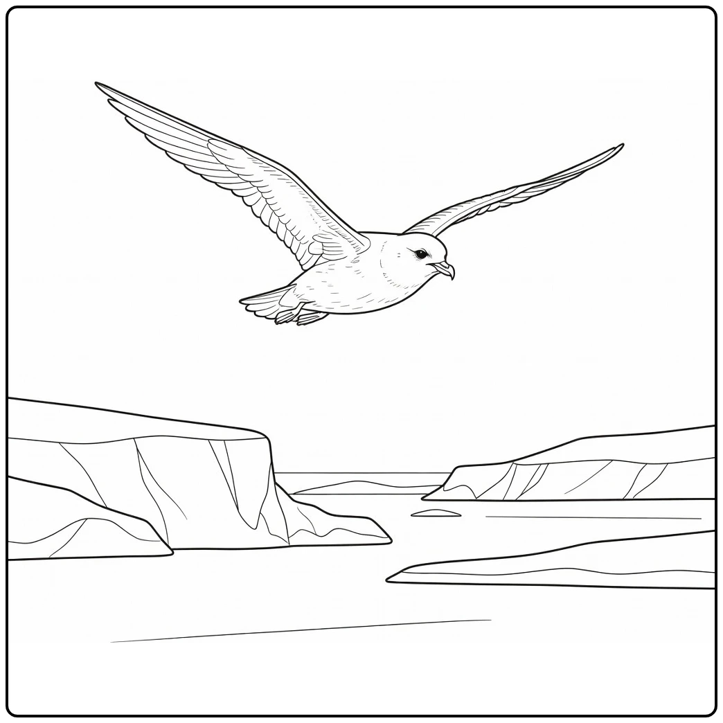 Polar animal coloring page showing a snow petrel above antarctic ice