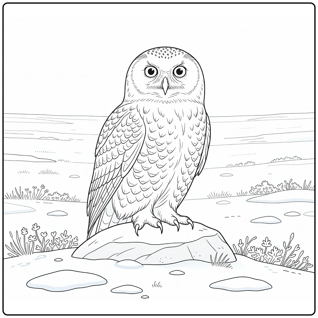 Polar animal coloring page showing a snowy owl on an arctic rock