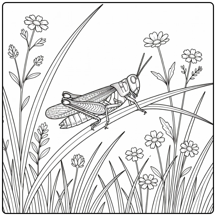 Grasshopper coloring page featuring an insect in a meadow