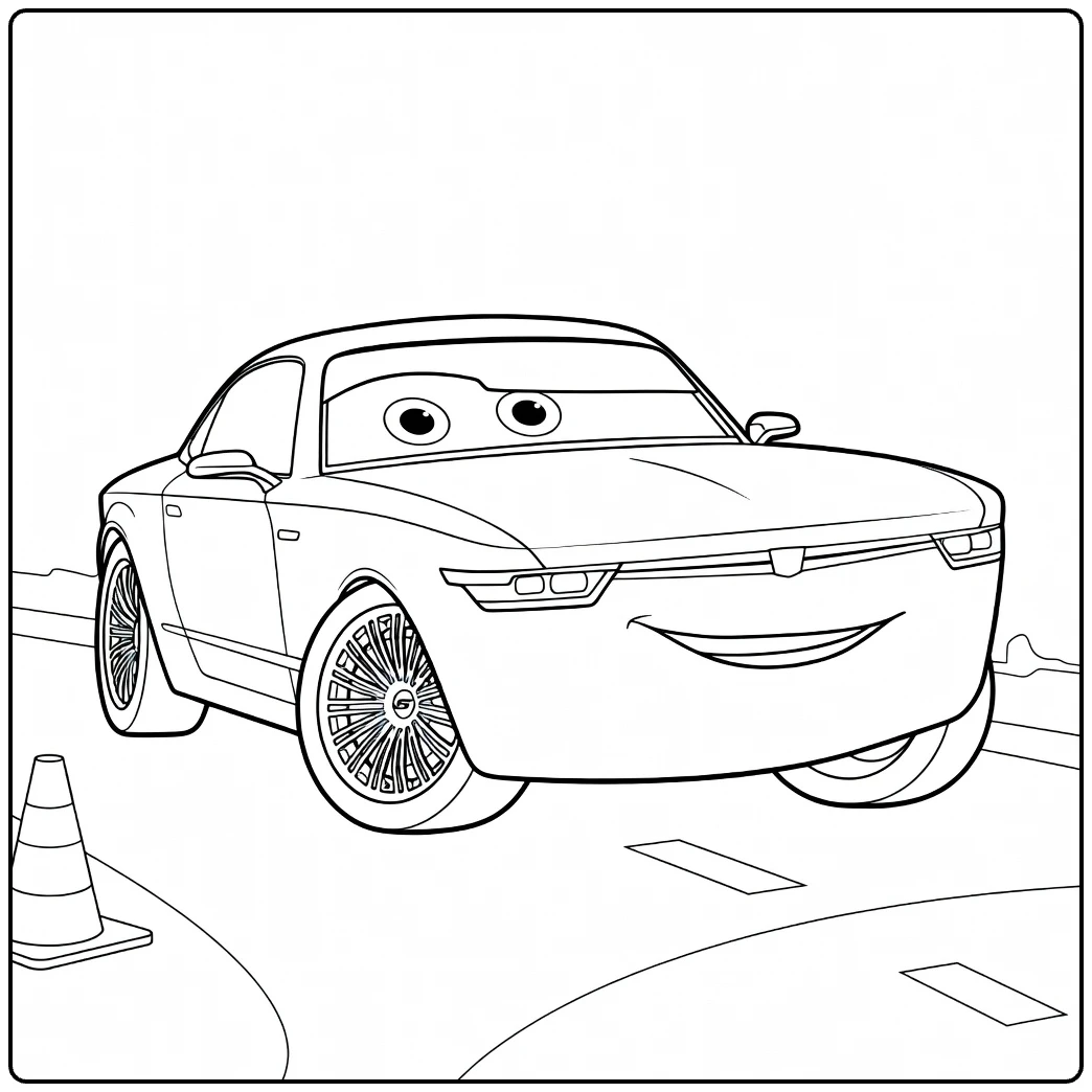 Sterling coloring page of glimlachende auto on road
