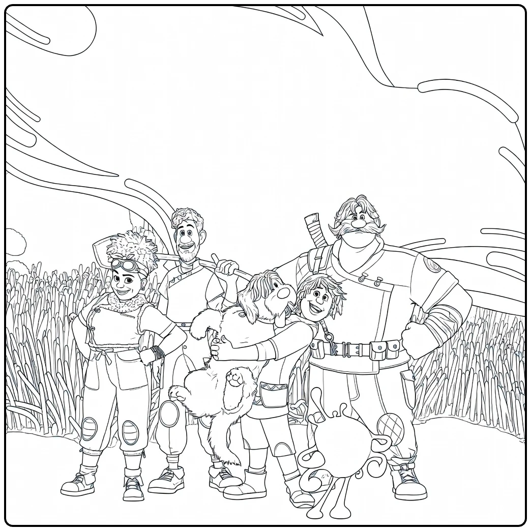 Strange World coloring page featuring the Clade family and their dog